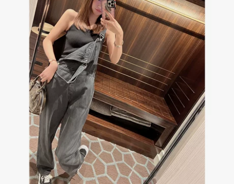 张子萱CheriZ】黑色背带牛仔裤女宽松休...