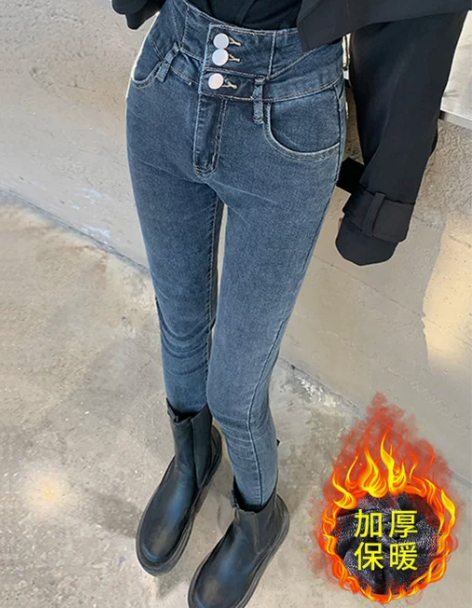 高腰牛仔裤女2022新款冬季加绒修身弹力蜜...