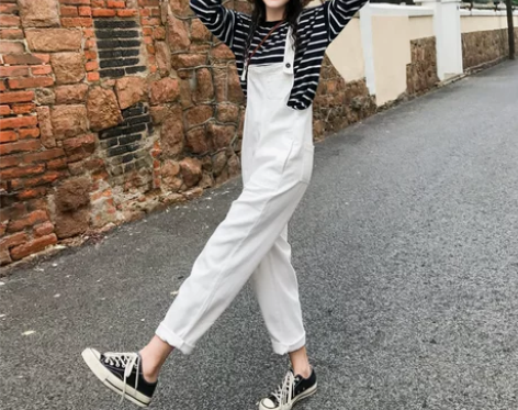 【欢聚价】2021牛仔裤背带裤女小清新白色...