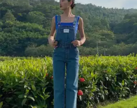 背带牛仔裤 复古牛仔背带裤DP醉桃kend...