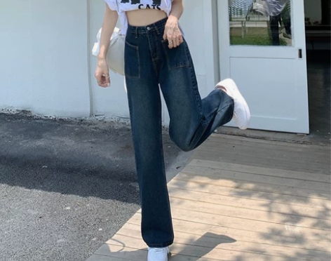 复古阔腿牛仔长裤深色拖地裤，我穿腰围有点大...