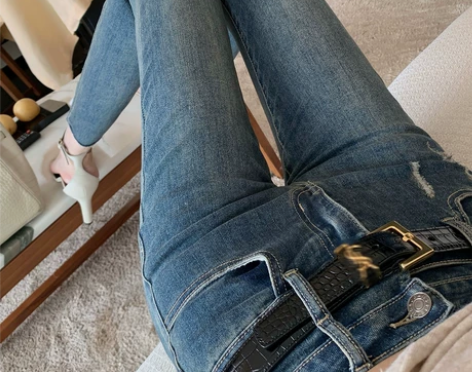 早安樊樊 双腰头重工水洗牛仔裤女小脚裤修身...