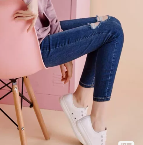 美特斯邦威破洞牛仔裤女高腰女160/66A...