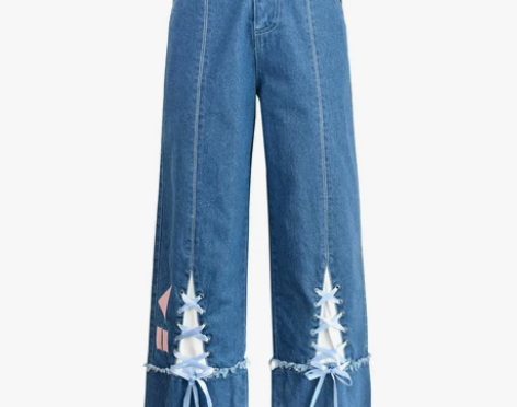 原创森女部落怪味少女裤直筒阔腿牛仔裤高腰2...