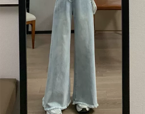 阔腿牛仔裤女春秋高腰宽松流苏大脚裤设计感毛...