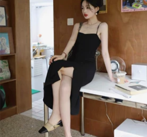 南瓜谷 浮世红与黑~红色连衣裙女春夏气质收...