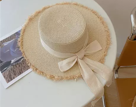 日系百搭毛边草帽女夏天平顶出游太阳帽小清新...