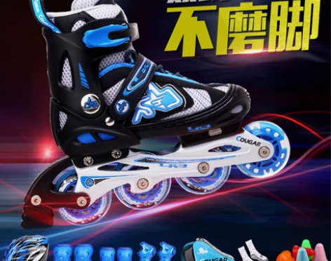 美洲狮旱冰鞋儿童全套装闪光可调单排轮滑溜冰...