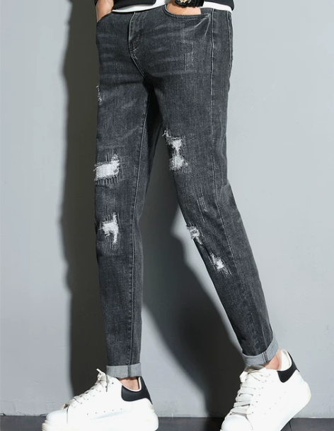 牛仔裤男 牛仔裤子潮牌刺绣男修身型直筒破洞...