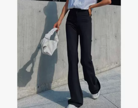 NDZ  黑色高腰微喇拖地阔腿裤女自制收腰...