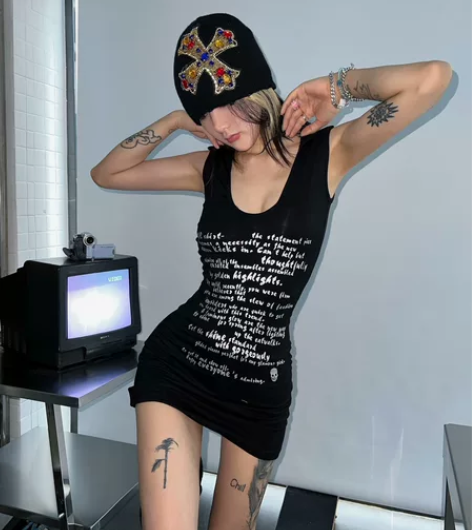 纯欲风辣妹自制亚文化连衣裙性感背心弹力修身...