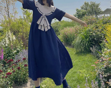 芝士日【海星黛兔】宝蓝色海军领连衣裙日系学...