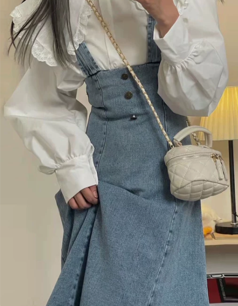 牛仔背带裙女春秋港风复古荷叶边鱼尾连衣裙吊...