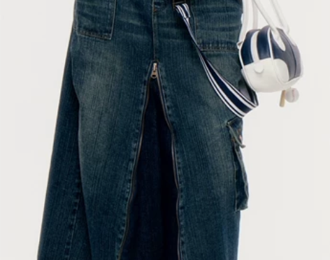 EhK原创设计 复古海军风条纹牛仔背带半身...