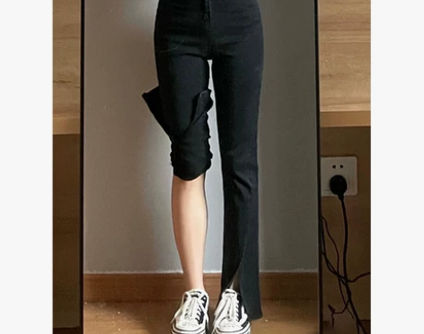 开叉牛仔裤女夏高腰微喇叭裤秋季直筒小个子高...