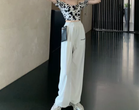 白色抽绳休闲裤女宽松直筒阔腿裤高腰垂感夏季...