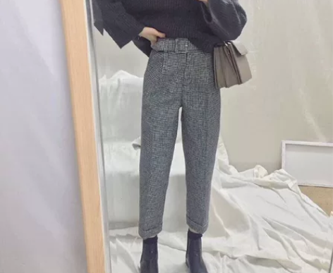 配腰带高腰简约百搭格子休闲裤 全新 质量好...