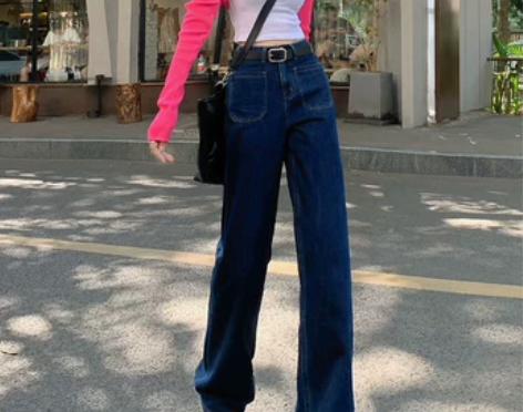 REDR深蓝色宽松直筒阔腿牛仔裤女高腰口袋...