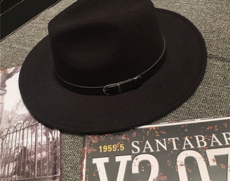 ?韩版百搭复古羊毛帽皮带大沿礼帽欧美风毛呢...