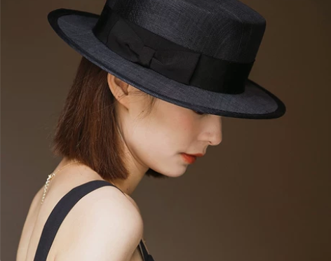 夏季黑色礼帽女法式复古时尚平顶草帽女款麻纱...
