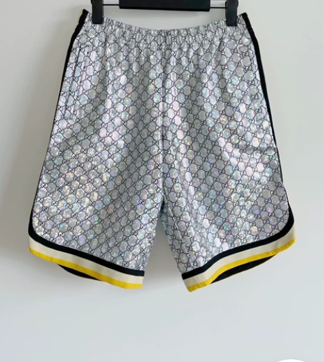 Gucci男士银色镭射双G印花运动短裤 炫...