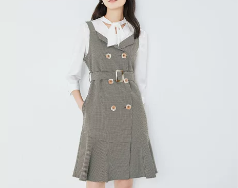 PRICH秋冬裙子女吊带格子法式复古连衣裙...