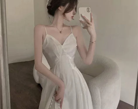 流光裙女夏季法式复古白色仙女裙气质V领裙子...