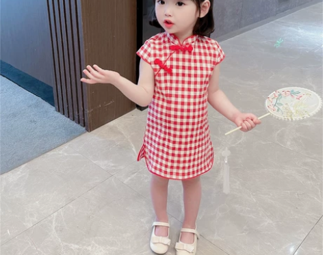 【狂欢价】女童旗袍夏季格子中国风红色儿童连...