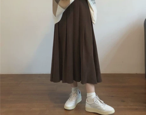 咖色大码百褶半身裙女秋冬款高腰胖mm遮肚