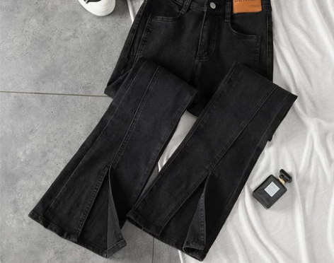 黑色开叉直筒牛仔裤女夏2021年新款春秋装...