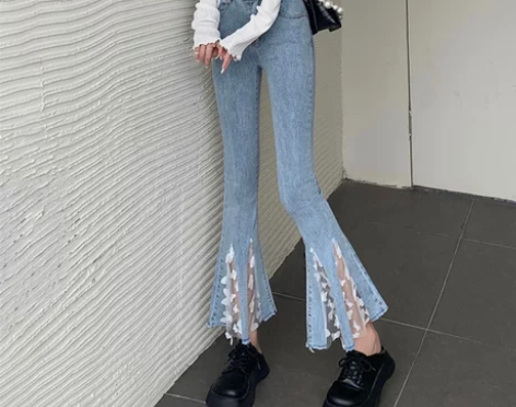 设计感小众蕾丝微喇裤高腰牛仔裤女春装202...