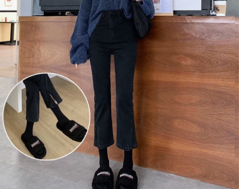 【年货价】黑色高腰开叉牛仔裤女显瘦2021...