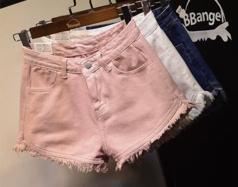 夏季新款可爱粉色高腰牛仔短裤女休闲宽松阔腿...