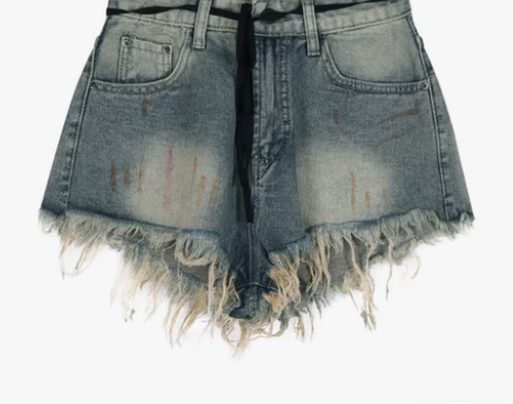 做旧复古毛边牛仔裤女辣妹薄款直筒短裤夏季高...