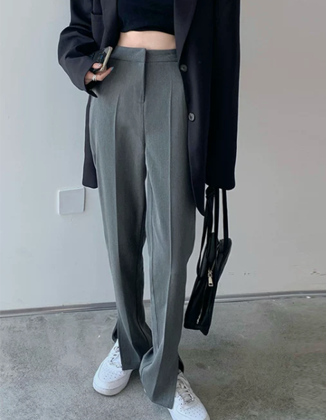 灰色开叉西装裤女2022秋冬新款高腰直筒休...