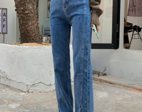 杨泡泡 蓝色高腰开叉牛仔裤女 m码，穿过三...