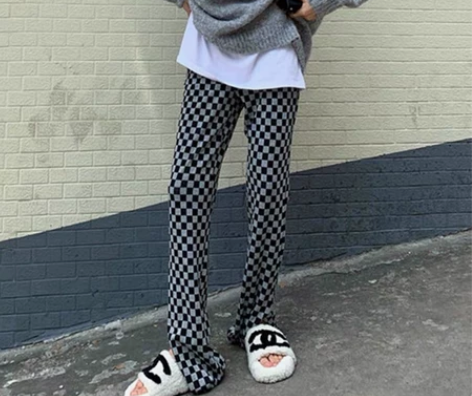 棋盘格开叉微喇叭裤女高腰显瘦显高复古港味春...