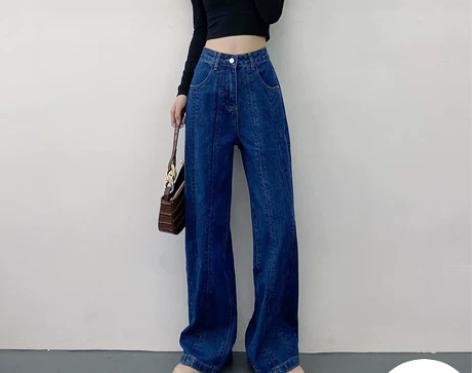 2022年春季新款深蓝色高腰直筒阔腿牛仔裤...