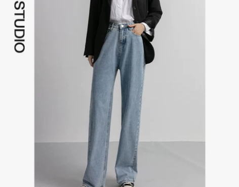 牛仔裤女直筒宽松高腰阔腿拖地裤2020年秋...