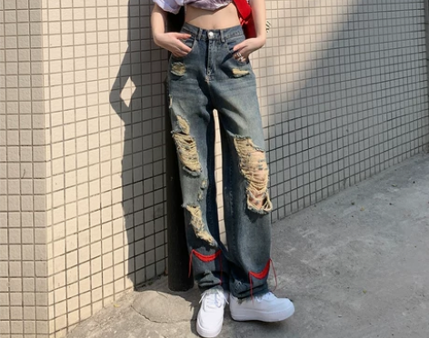 春夏破洞牛仔裤女高街潮ins乞丐个性宽松直...