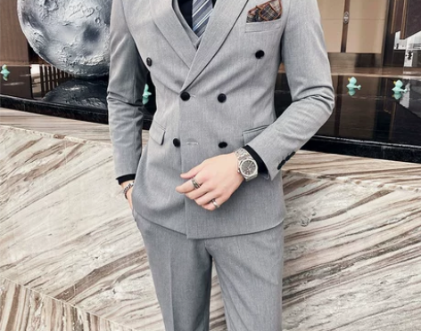 西装套装双排扣西服男士韩版修身纯色西装商务...
