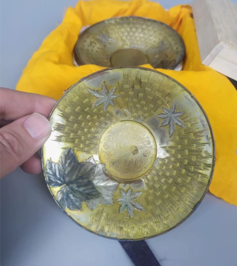 日本信清款老茶托锡胎包银鎏金五客一套中古茶...