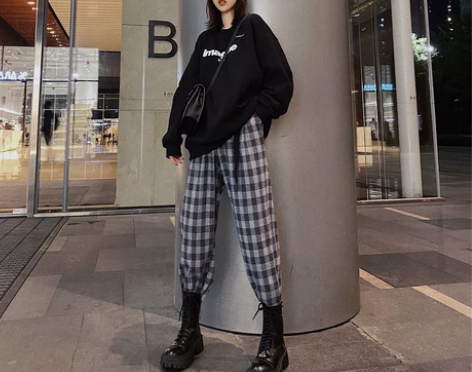 小念定制高腰显瘦工装风格子毛呢裤女秋冬九分...