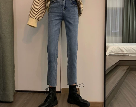 冬季新款显瘦裤子秋冬高腰直筒裤九分宽松牛仔...