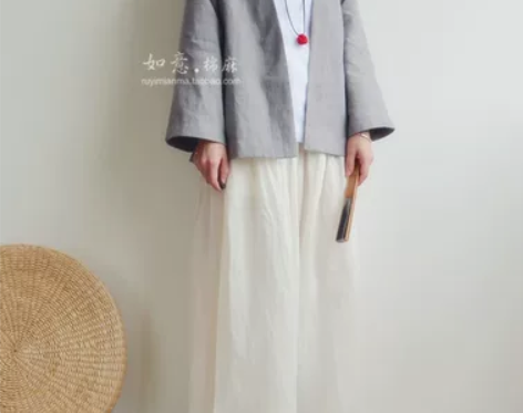张辛苑纯麻裤子纯色薄麻阔腿裤直筒休闲裤长裤...