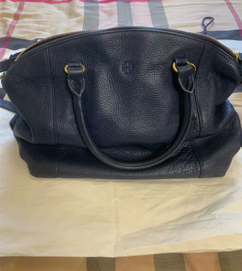 TB蓝色牛皮手提斜挎女包 朋友送的，包装礼...