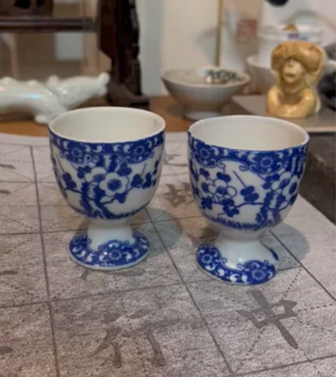 日本回流 青花高足酒杯 酒盏 马上杯 胎白...