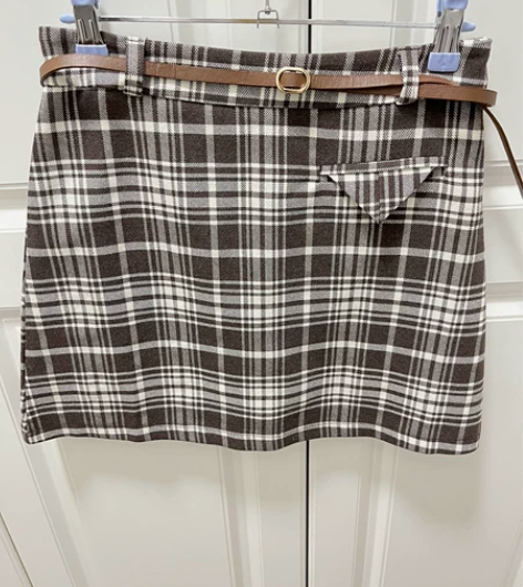 95新深棕色格子裙A字裙磨毛棉带安全裤，腰...