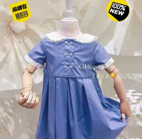 汐.花糖专柜品牌女童蓝色学院风翻领纯棉连衣...