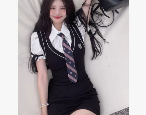 港味学院风连衣裙韩系少女短裙女夏季新款收腰...